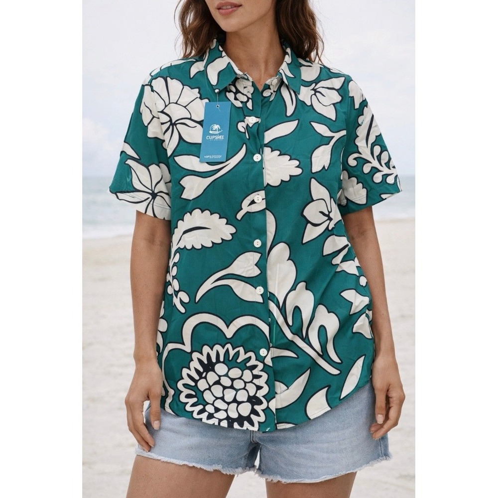 Cupshe Teal Green White Tropical Leaf Print Short Sleeve Button Up Shirt Small